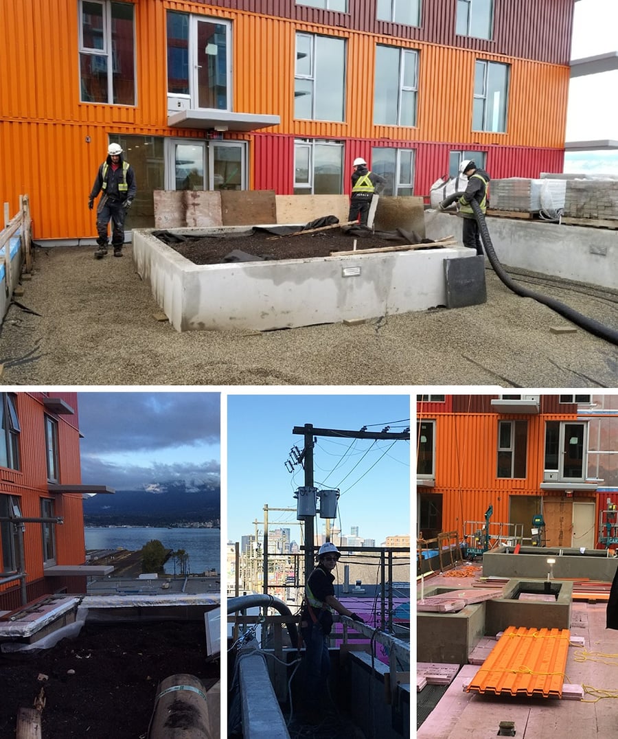 Strathcona Village rooftop soil install with blower truck