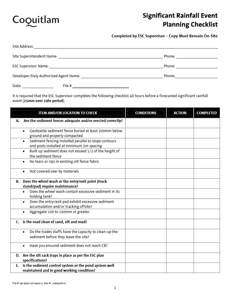 Significant Rainfall Event Planning Checklist